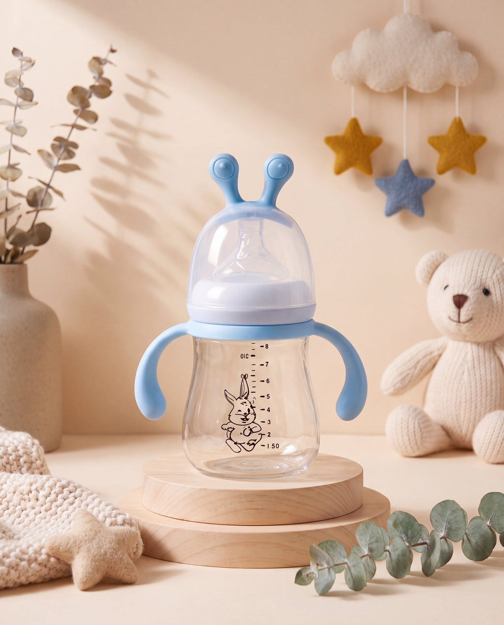SafeKido Wide-Mouth Borosilicate Glass Bottle in Blue — wide-mouth borosilicate glass, easy-grip handles, 240 ml