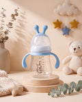 SafeKido Wide-Mouth Borosilicate Glass Bottle in Blue — wide-mouth borosilicate glass, easy-grip handles, 240 ml