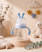 SafeKido Wide-Mouth Borosilicate Glass Bottle in Blue — wide-mouth borosilicate glass, easy-grip handles, 240 ml