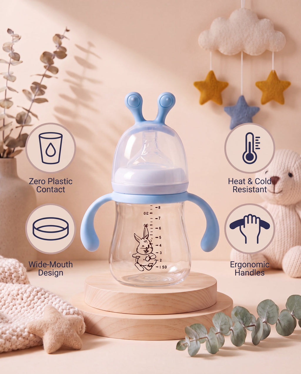 SafeKido Wide-Mouth Borosilicate Glass Bottle in Blue — wide-mouth borosilicate glass, easy-grip handles, 240 ml — key features