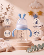 SafeKido Wide-Mouth Borosilicate Glass Bottle in Blue — wide-mouth borosilicate glass, easy-grip handles, 240 ml — key features