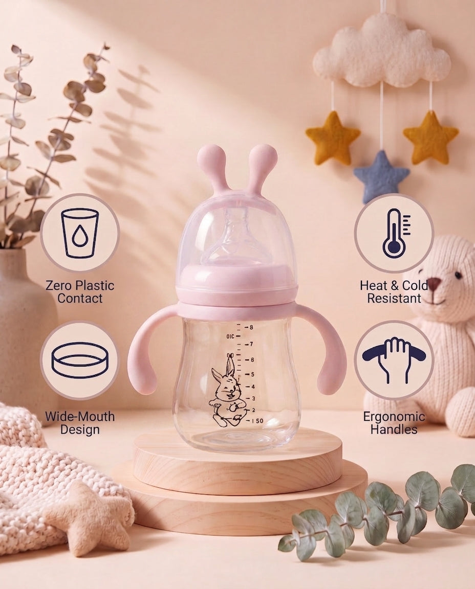 SafeKido Wide-Mouth Borosilicate Glass Bottle in Pink — wide-mouth borosilicate glass, easy-grip handles, 240 ml — key features