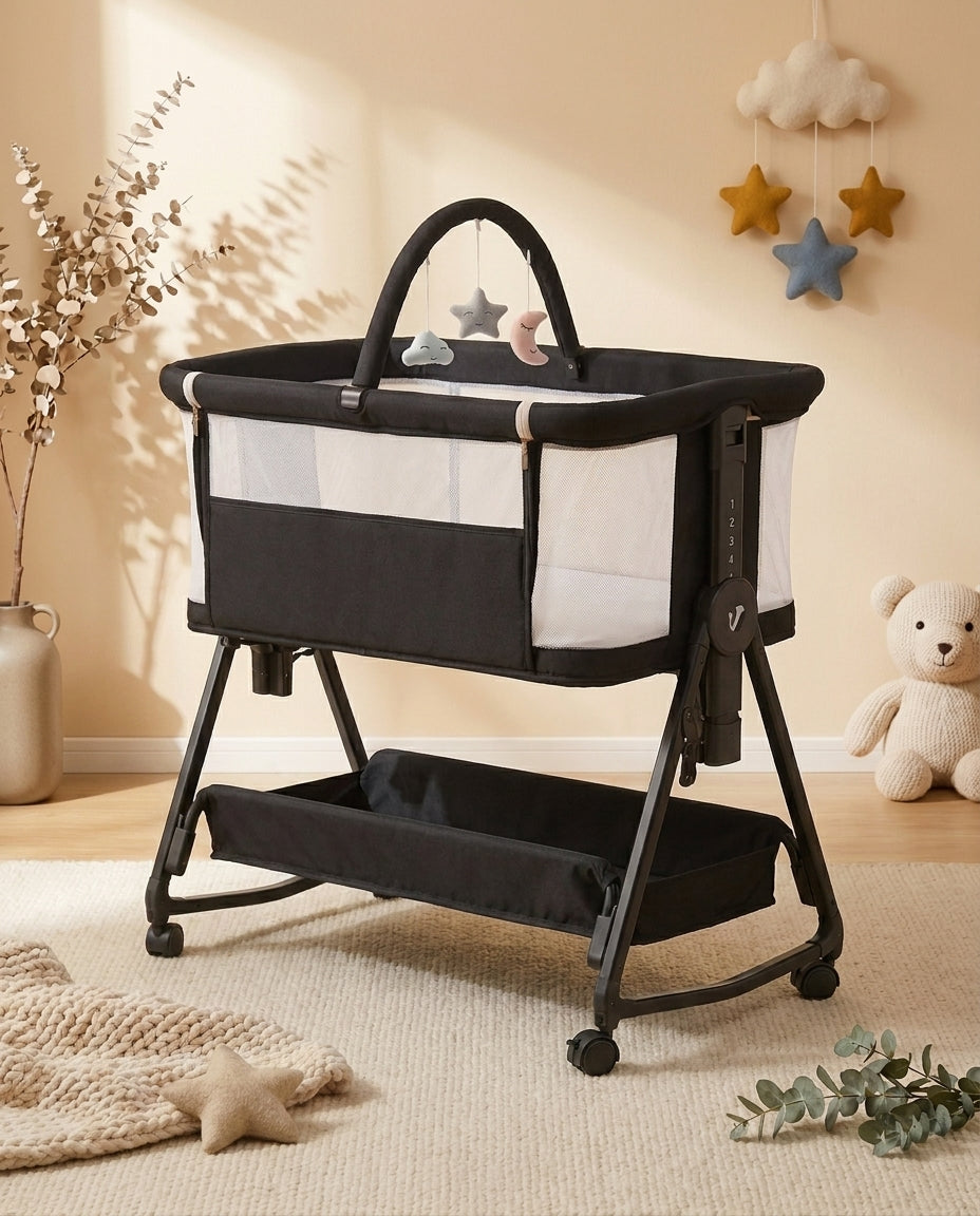 SafeKido Sleepmate Co-Sleeper Crib in Black — wheeled bedside co-sleeper with under-crib storage