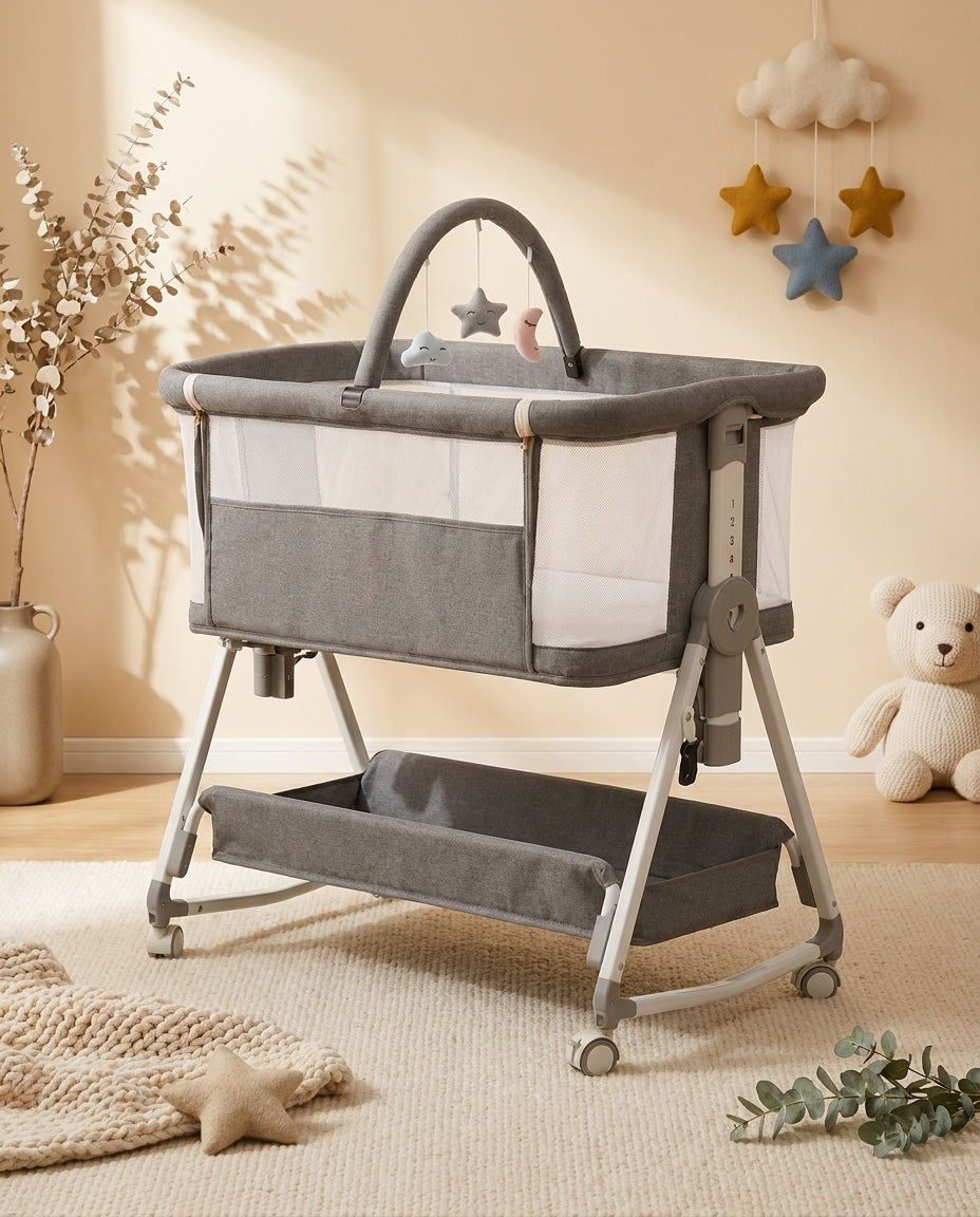 SafeKido Sleepmate Co-Sleeper Crib in Gray — wheeled bedside co-sleeper with under-crib storage
