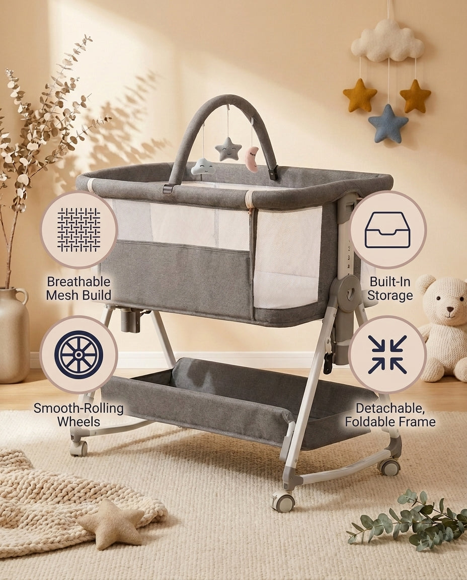 SafeKido Sleepmate Co-Sleeper Crib in Gray — wheeled bedside co-sleeper with under-crib storage — key features