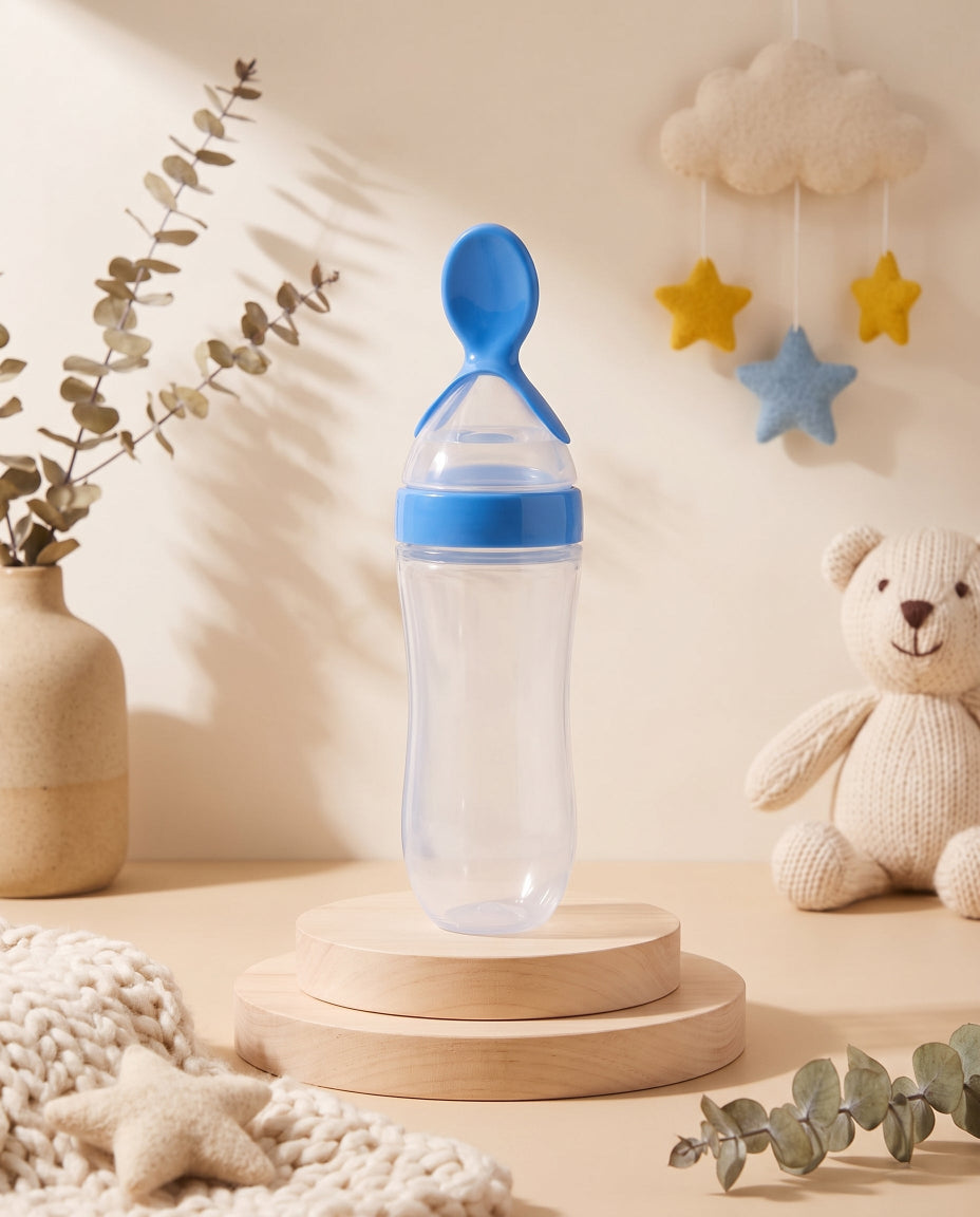 SafeKido Squeezy Spoon Feeder in Blue — squeeze-control silicone spoon for mess-free feeding