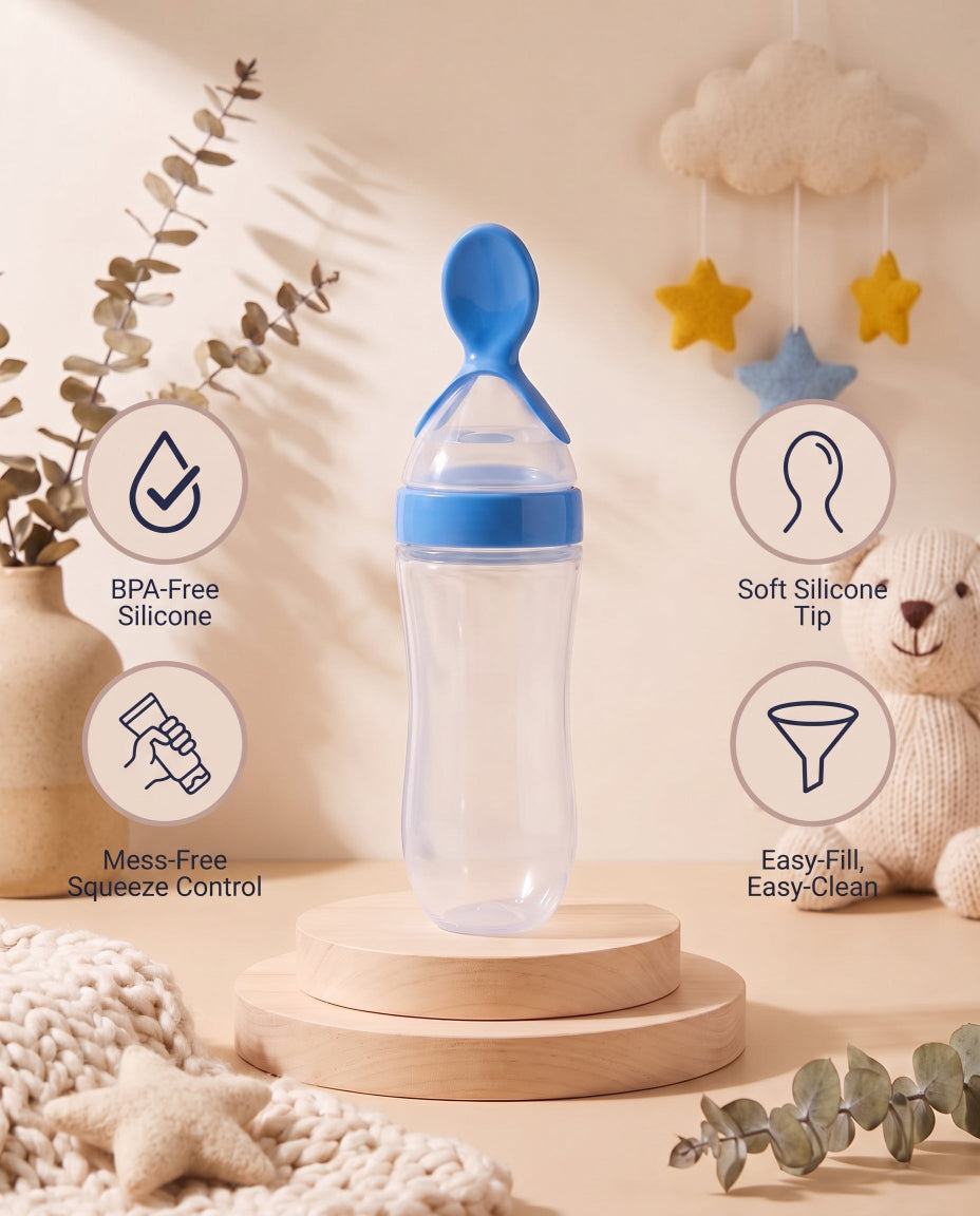 SafeKido Squeezy Spoon Feeder in Blue — squeeze-control silicone spoon for mess-free feeding — key features
