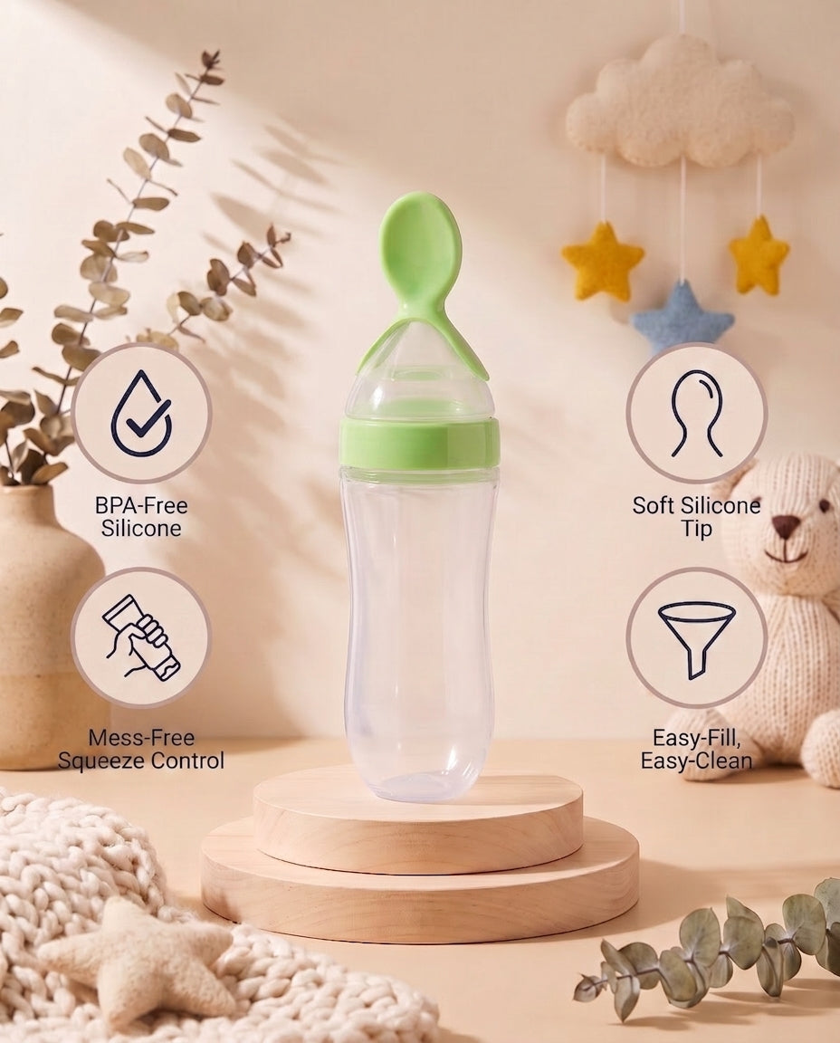SafeKido Squeezy Spoon Feeder in Green — squeeze-control silicone spoon for mess-free feeding — key features