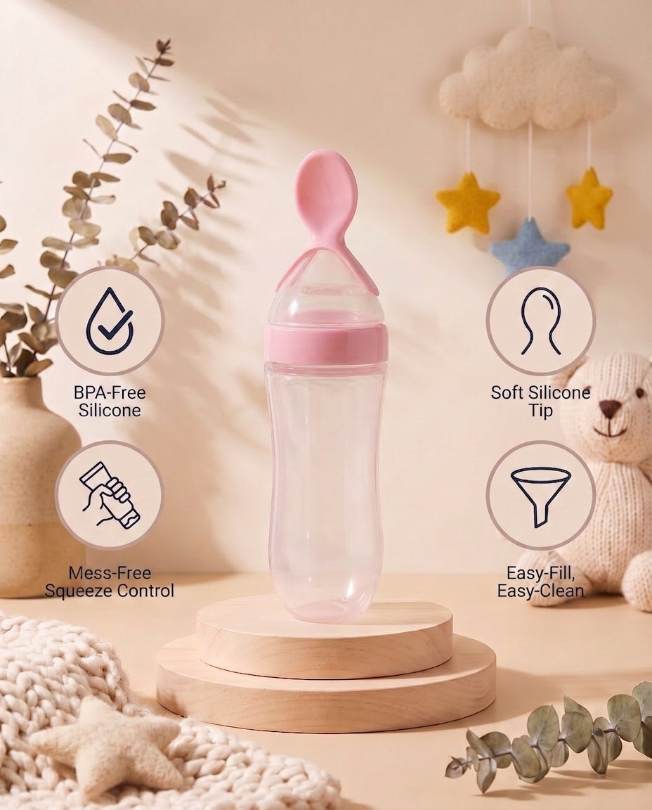 SafeKido Squeezy Spoon Feeder in Pink — squeeze-control silicone spoon for mess-free feeding — key features