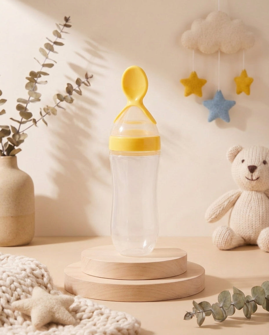 SafeKido Squeezy Spoon Feeder in Yellow — squeeze-control silicone spoon for mess-free feeding