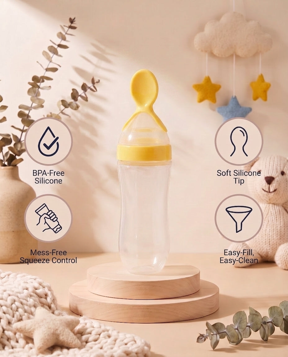 SafeKido Squeezy Spoon Feeder in Yellow — squeeze-control silicone spoon for mess-free feeding — key features