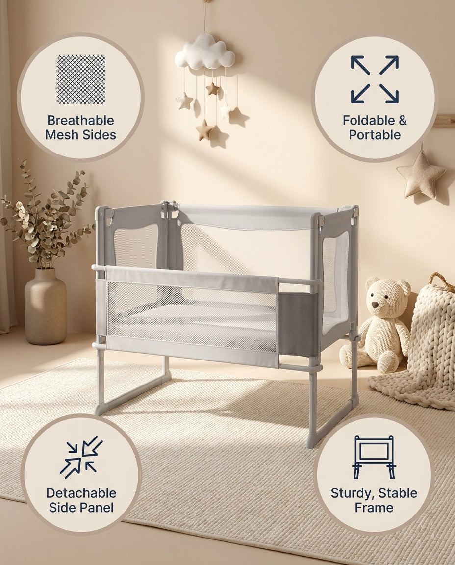 SafeKido Tender Touch Co-Sleeper Crib in Gray — breathable mesh sides with bedside access — key features